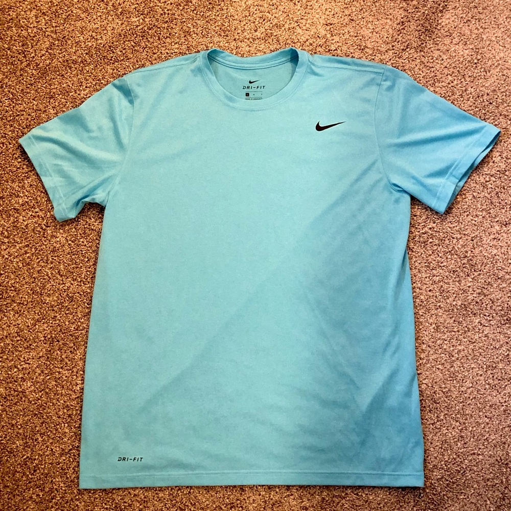 Men's Nike Dri-Fit Tee Light Blue Solid Size Large Black Logo Crew Neck